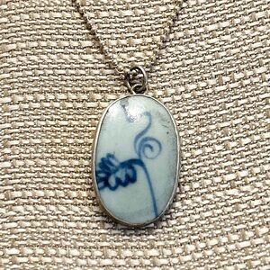 Antique Chinese Porcelain Fragment Pendant Necklace in Silver